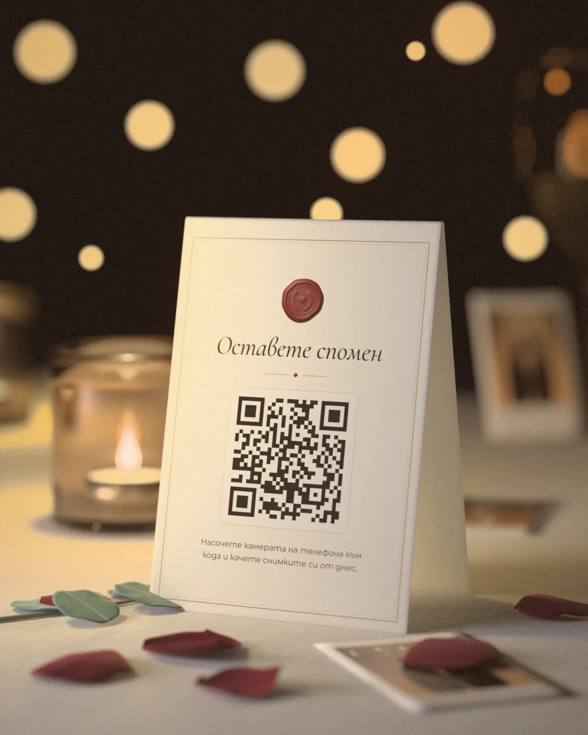 Картичка „Оставете спомен“ с QR код на празнична маса, до запалена свещ и листенца от роза